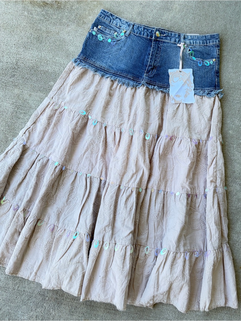 Vintage 90s Crest bohemian style tiered maxi denim skirt embroidered sequins Y2K
